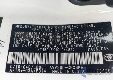 2012 Toyota Camry Hybrid Le/Xle из США, поврежденный, VIN 4T1BD1FK1CU044822